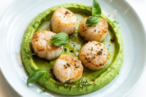 Seared Scallops over Pea Puree