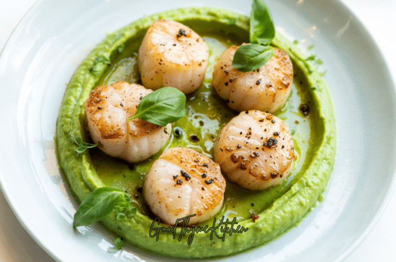 Seared Scallops over Pea Puree