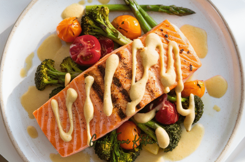 Grilled Salmon with Oven Roasted Veggies & Lemon Dijon Sauce