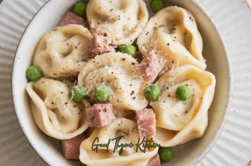 Cheese Tortellini with Ham and Peas