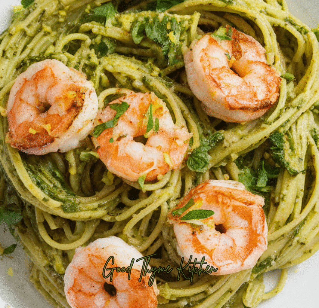 Lemon Kale Pesto Pasta with Seared Shrimp